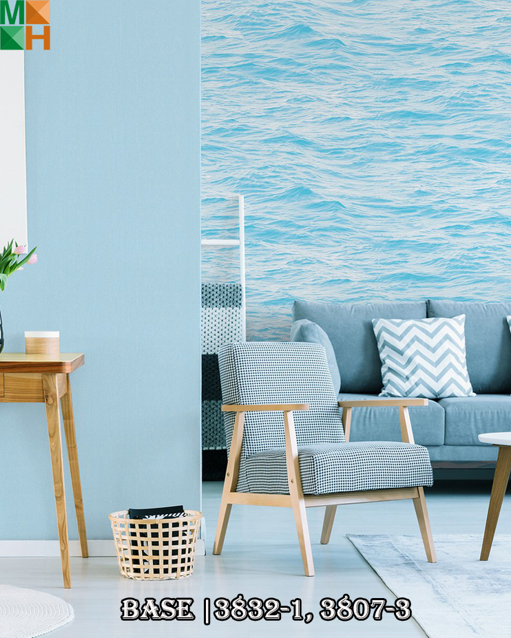  Giấy dán tường Hàn Quốc họa tiết sóng biển 3832 màu xanh nhạt, xanh đậm.